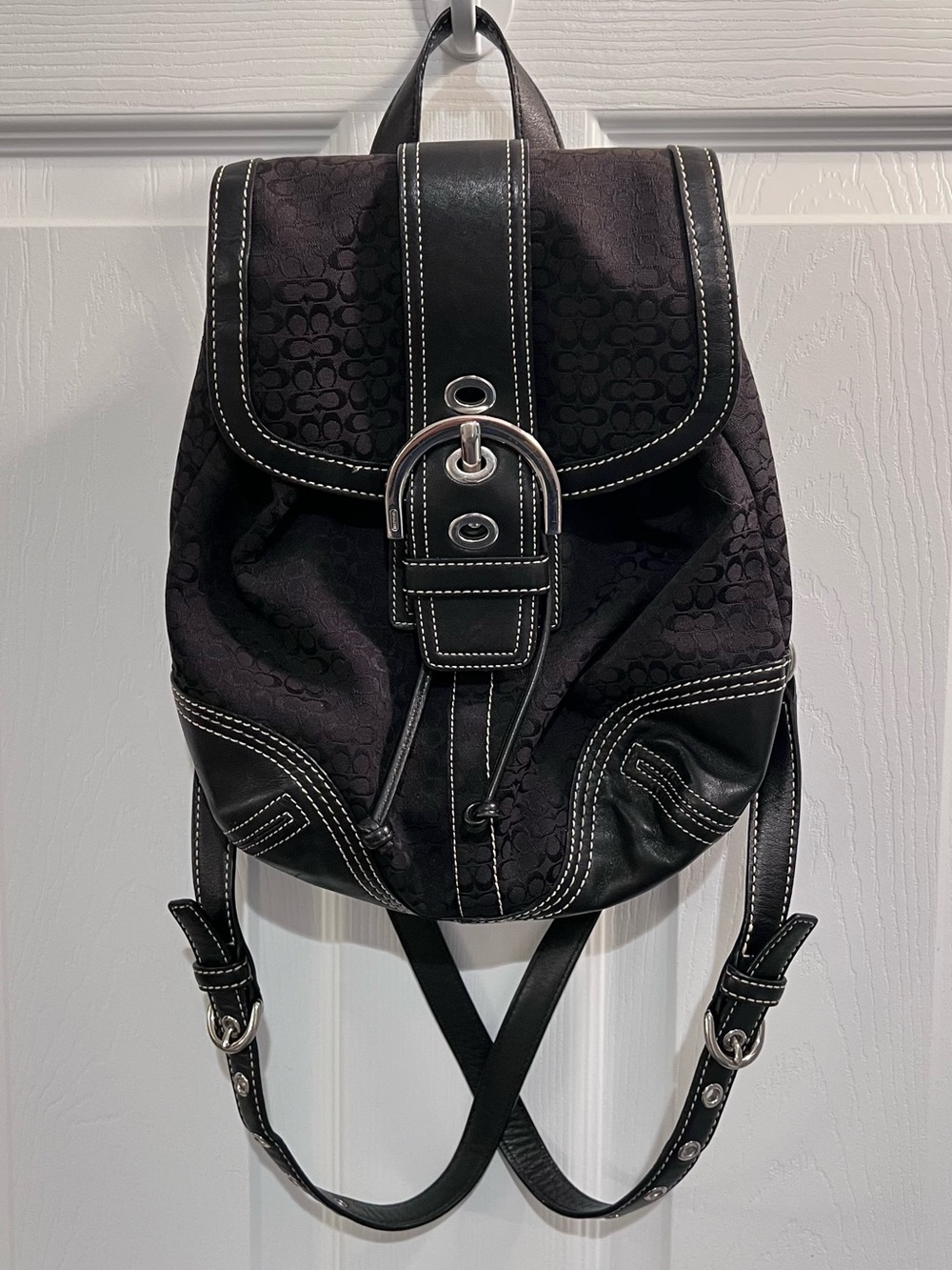 Coach Black Logo-Print Canvas & Leather Backpack with Silver Hardware